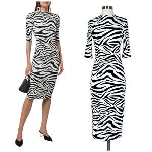 Alice + Olivia | Delora Zebra Striped Designer Black White Mock Neck Midi Dress